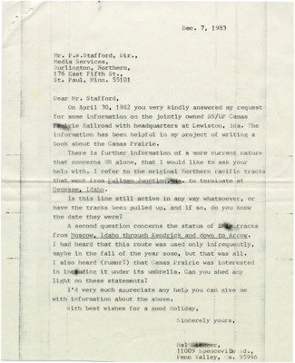 A letter from Hal Riegger to P.W. Stafford of the Burlington Northern Railroad in which Riegger asks about the Northern Pacific tracks that went from Pullman Junction, Washington to Genesee, Idaho.