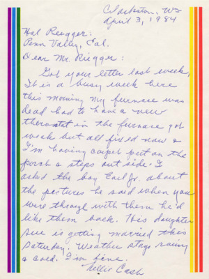 Correspondence between Kellie Cash and Hal Riegger, regarding Cash's son Earl and the use of his photographs of railroad bridges on the Camas Prairie Railroad, as well as personal details and correspondence.