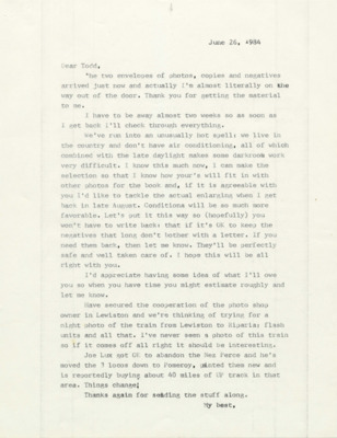 Hal Riegger thanks Todd Sullivan for sending along photos that he needs for the book. He asks if he can hold on to the negatives until conditions improve for the darkroom work. Riegger asks for an idea of what he will owe when their agreement is complete.