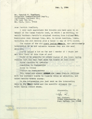 A letter from Hal Riegger to Patrick W. Stafford regarding track laying records for several Northern Pacific lines.