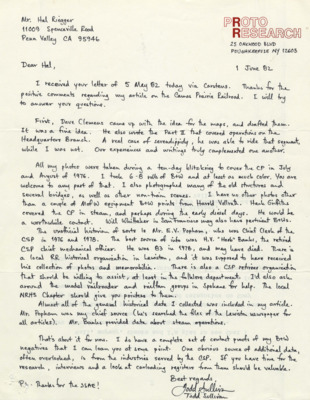 Todd Sullivan thanks Hal Riegger for his comments on his article and answers Reiggers previous questions about using some of his photos for his book. Sullivan describes his photo collections to see what Reigger may be interested in.