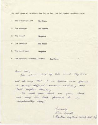 A note from Lara Feucht, registrar at the Nez Perce County Historical Society, to Hal Riegger regarding the correct ways of writing 'Nez Perce' in different applications.
