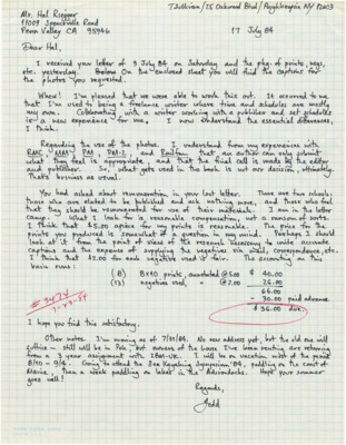 Todd Sullivan expresses his relief that they were able to work out the photo situation between them and let Riegger know that he has not worked with an author and publisher before with deadlines. Additionally Sullivan provides Riegger the final price for his services and photographs totaling $66 (minus the $30 down payment).
