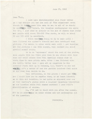 Hal Riegger confirms Todd Sullivans collection status and explains that he would like to look at them after he completes his own photograph development from the summer. He then confirms his "agreement" with Todd Sullivan.