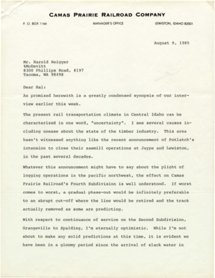 Correspondence between Hal Riegger and L.L. Carter providing a brief synopsis of an interview carried out on behalf of Camas Prairie Railroad Company.