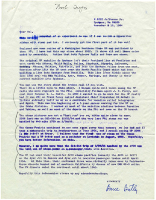 Correspondence between Bruce Butler and Hal Riegger regarding a Washington Northern Idaho Railroad map.