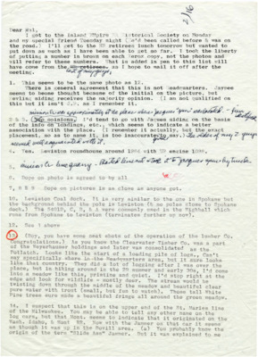 Correspondence to Hal Riegger describing information on a collection of at least 40 photographs, but could be upwards of 60 when looking at the number system. Based on past correspondence, the author is likely Al Butler, but his name is not included in the letter anywhere, nor anyone else's other than Hal.