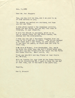 A letter from Ken Brovald to Hal Riegger regarding some photographs that Brovald is sending Riegger for his railroad research.