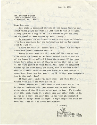 Correspondence between Hal Riegger and Everett Popham regarding the history of Camas Prairie, specifically the railroads in and around Ayer to Riparia. This document also includes a map of the area in question.