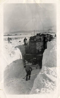 A photograph of Union Pacific Engine 248 stuck in its place on the tracks near Grangeville because of the immense amounts of snow. There are several workers in the photograph that are working to dig the train out.