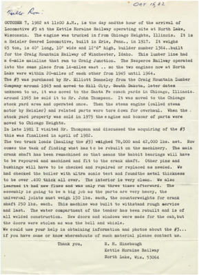 Correspondence from R.M. Hinebaugh to Ron Nixon on October 15, 1982 regarding the history of train and engine purchase for the Craig Mountain Railroad.