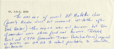 A small document describing specific circumstances and conditions of three specific train engines that operated in Headquarters, Idaho, in working relationship with Potlatch Forests, Inc.