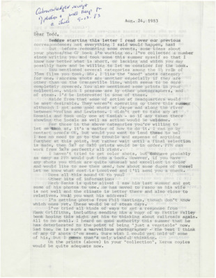 Hal Riegger addresses previous correspondence and asks about specific photos that he would be interested in for his book. Reigger also provides specific examples of what he is looking for including print sizes, locations, and specific locomotives.
