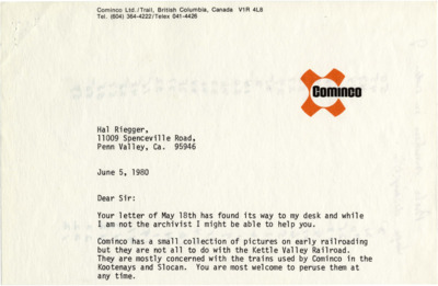 Correspondence between an unidentified Cominco Representative and Hal Riegger, regarding Cominco's small collection of pictures on early railroading.