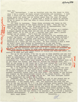 Correspondence between Hal Riegger and a photographer mentioned by the name of Al. The letter describes three pictures, as well as information as to how to access them, and questioning which ones Hal would like to see. The language used, and conversational tone suggests an established relationship, and could perhaps point to the photographer being Al Butler.
