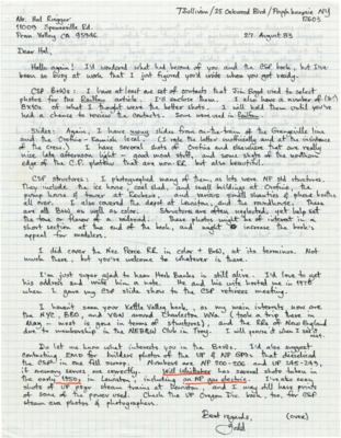 Todd Sullivan responds to Hal Reiggers questions regarding the various questions about locations and prints he is looking for specifically for his book. Sullivan says he is willing to loan some of his photos to him to see what he thinks.