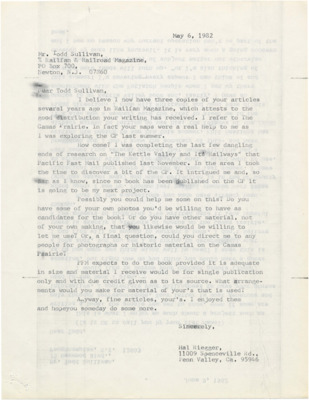 Hal Riegger thanks Todd Sullivan for copies of Sullivan's articles that were published in Railfan Magazine. Riegger also asks Sullivan for other photographs and materials to use in his book.