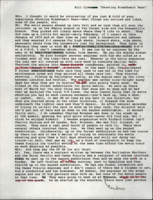 Transcript from Hal Riegger's interview with retired trainmaster Bill Clem. In this interview, the two men discuss the shooting of the movie "Breakheart Pass," which was filmed in North Central Idaho using the Camas Prairie railroad.