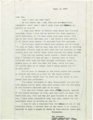 A letter from Hal Riegger to Ken Brovald concerning Riegger's railroad research.