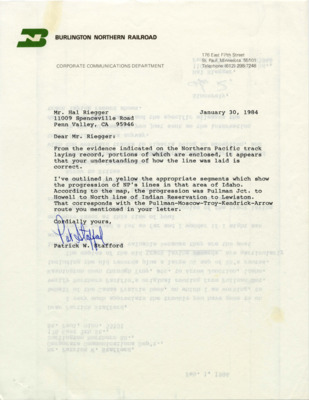 A letter from Patrick W. Stafford to Hal Riegger concerning the progression of Northern Pacific's rail lines in a specified area of Idaho.