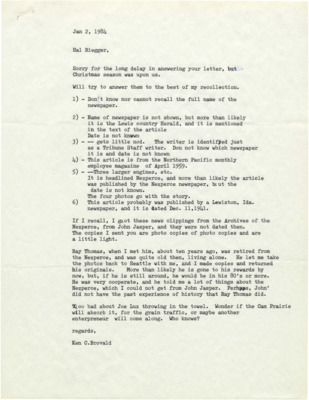 Correspondence between Hal Riegger and Ken Brovald further discussing photographs and endeavors relating to the Camas Prairie Railroad.