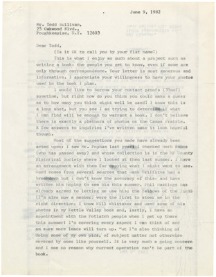 Hal Riegger establishes a relationship with Todd Sullivan expressing his appreciation for his help with his book and asks if he can use his first name. He then asks to borrow his contact proofs (35mm). Riegger then asks about his other collections.