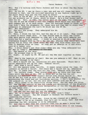Transcript from Hal Riegger's interview with retired Camas Prairie railroad auditor Verne Jackson.