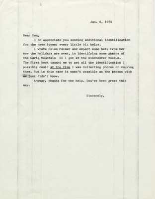 Final piece of correspondence between Hal Riegger and Ken Brovald where Hal thanks Ken for all of his help, insight, and information.