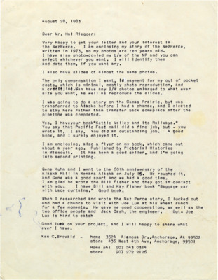 A letter from Ken Brovald to Hal Riegger regarding Riegger's research on the Nez Perce railroad.