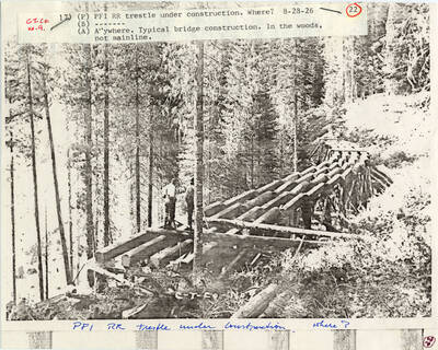 A paper copy of a photograph of a trestle bridge under construction in the woods. Due to the surrounding foliage, it's likely that the bridge is not being constructed on a mainline railroad. Location unknown, somewhere in Idaho.