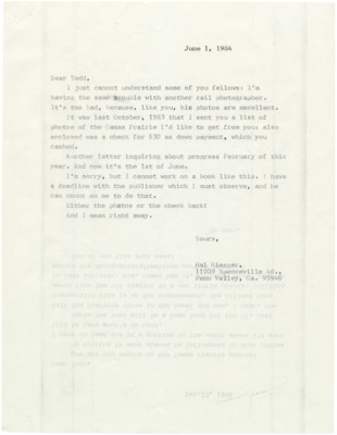 Hal Riegger voices his frustrations over Todd Sullivans unresponsiveness after his $30 down payment. Riegger calls either for the photos or his money back right away.