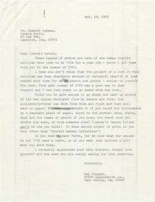 Hal Riegger sends Everett Watson his prints of the Camas Prairie railroad and asks about making up prints of them. Riegger also asks to whom he should give credit for the photos if not Everett.