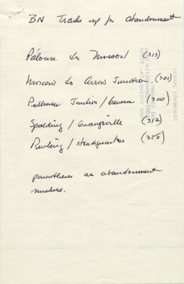 A handwritten list of Burlington North tracks up for abandonment, most likely taken from the July 1984 Yardbull Newsletter.