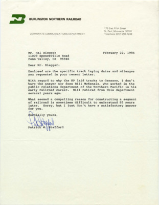 A letter from Patrick W. Stafford to Hal Riegger regarding Riegger's request for track laying records for several Northern Pacific lines.