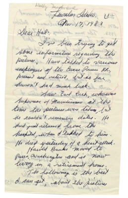 Correspondence between Wally Meckstroth and Hal Riegger providing information about a list of photographs relating to the Nez Perce Railroad. There is little information about the photographs, as it was difficult to track down individuals knowing information, as they were all aged and dying.