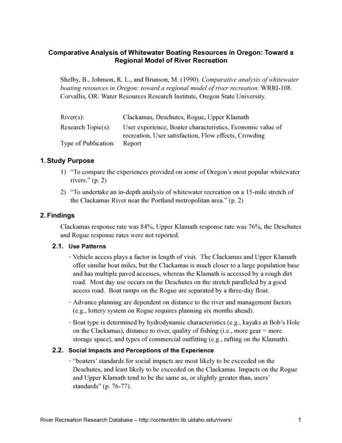 Comparative analysis of whitewater boating resources in Oregon: toward a regional model of river recreation