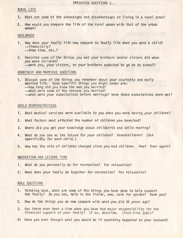 Interview Questions Rural Women s History Project