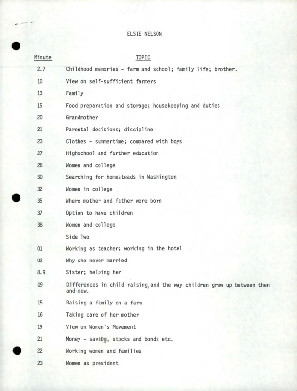 Index and transcript of the interview with Elsie Nelson.