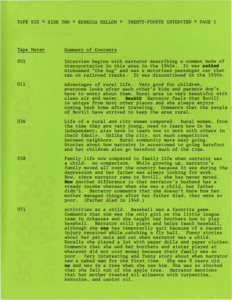 Detailed summary index of the interview with Rebecca Kellom.