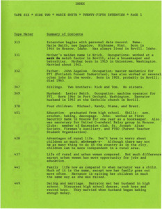 Detailed summary index of the interview with Marie Smith.