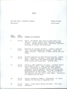 Summary index and transcript of the interview with Eva Mae Bell.