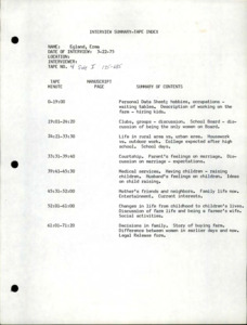 Summary index and transcript of interview with Irma Egland.
