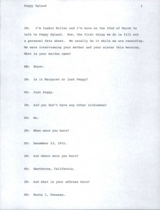 Transcript of interview with Peggy Egland.