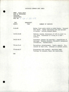 Index and transcript of the interview with Agnes Hailey Jones.