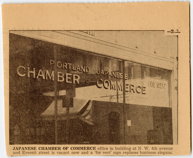 Newspaper clipping from Oregon Journal showing the Portland Japanese Chamber of Commerce office.