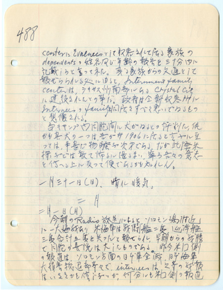 February 1, 1943, diary entry written by Bunro Sakaino while he was incarcerated at Camp Livingston, near Pineville, Louisiana.