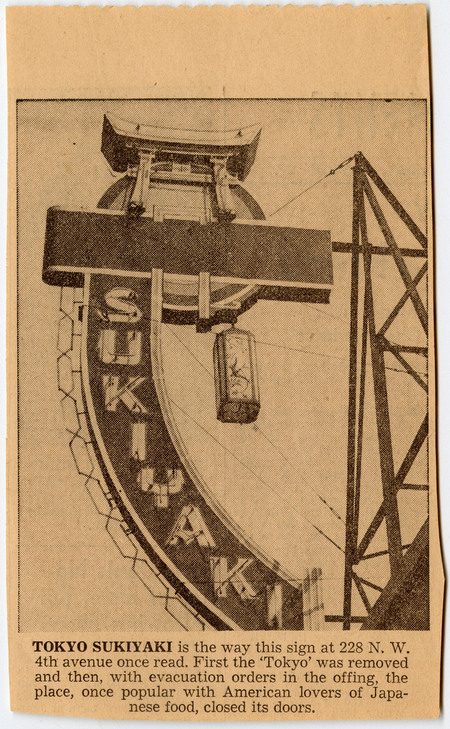 Newspaper clipping from Oregon Journal discussing changes to the sign for a Japanese restaurant in Portland, OR.