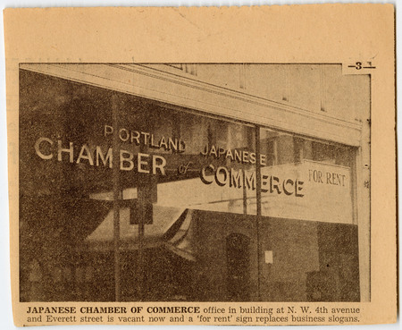 Newspaper clipping from Oregon Journal showing the Portland Japanese Chamber of Commerce office.