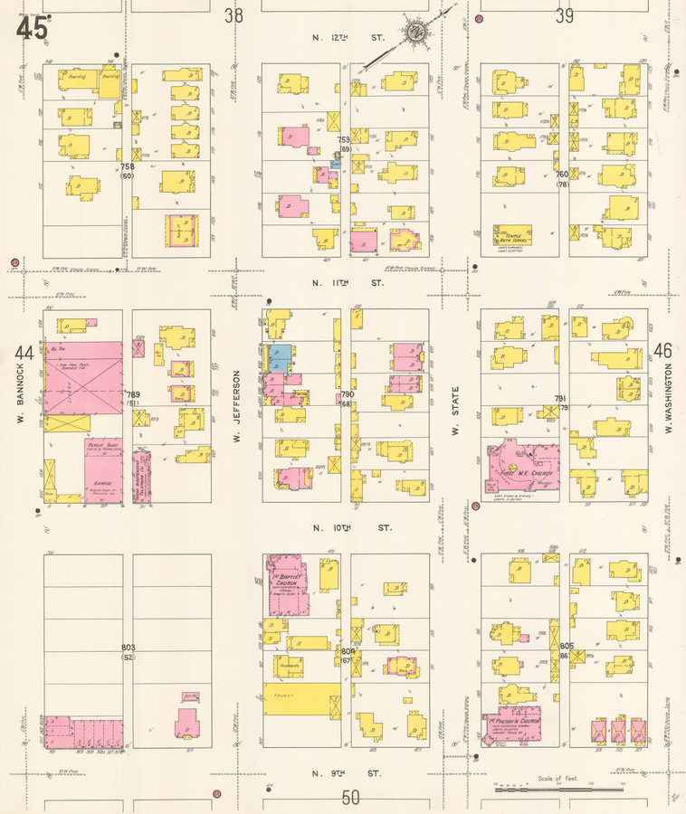 dwelling; boarding; telephone company; livery; out house; tenements; baptist church; temple; first methodist episcopal church; presbyterian church;