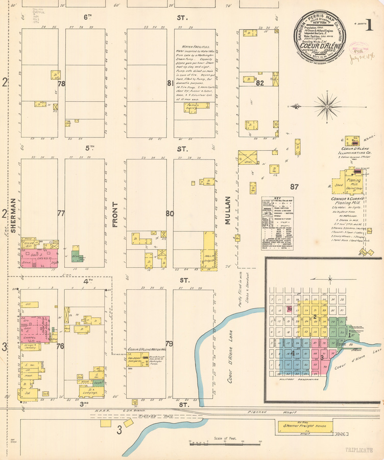 dwelling; cabin; general store; bank; office; wagon shop; carpenter; lodging; water works; saloon; meat; chapel; grocery; out house; drugs and jewlery; female boarding; planning mill; shed; steamer freight house;